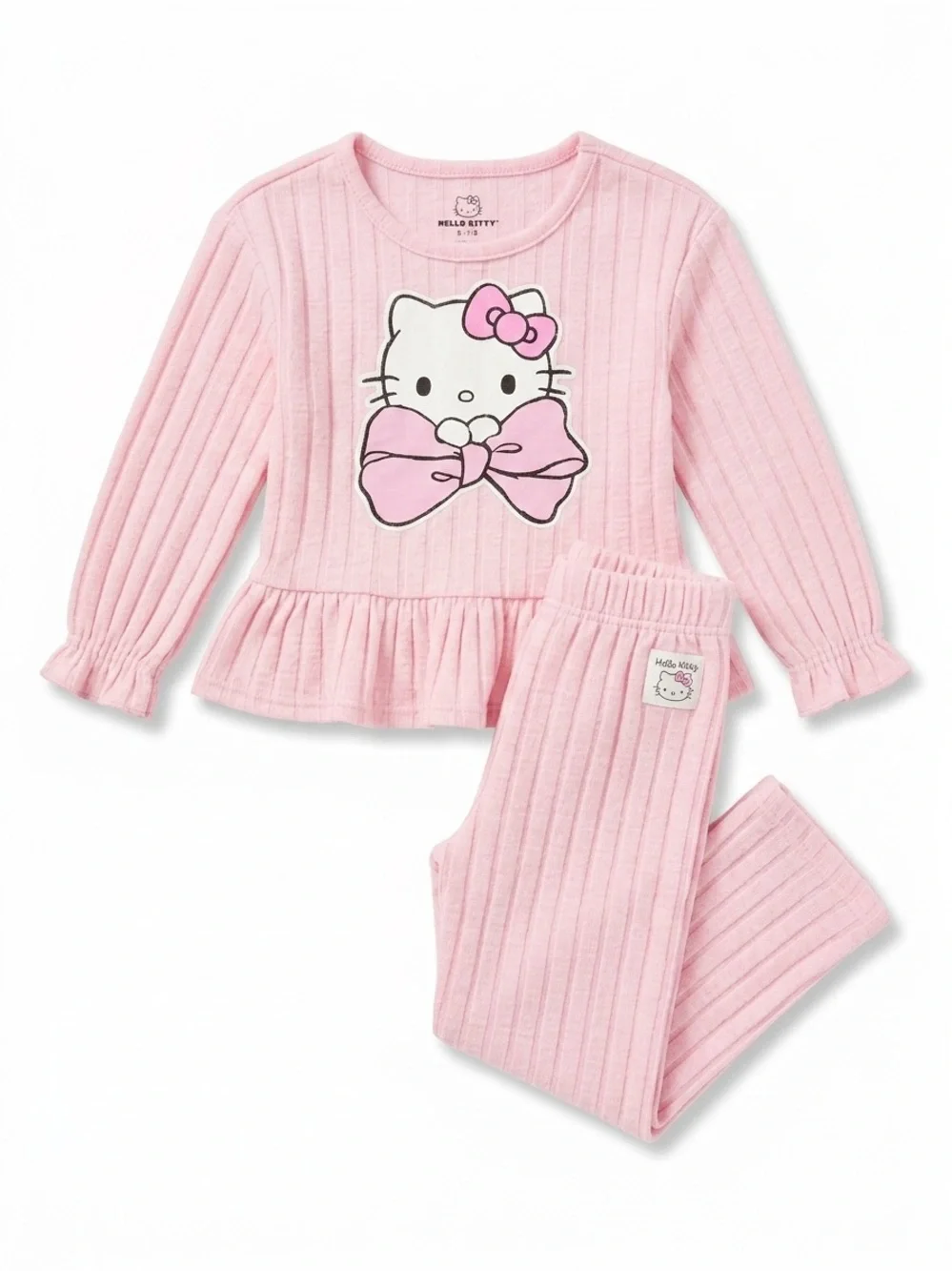 Hello Kitty Pink Ribbed Peplum Kids Pajama Set
